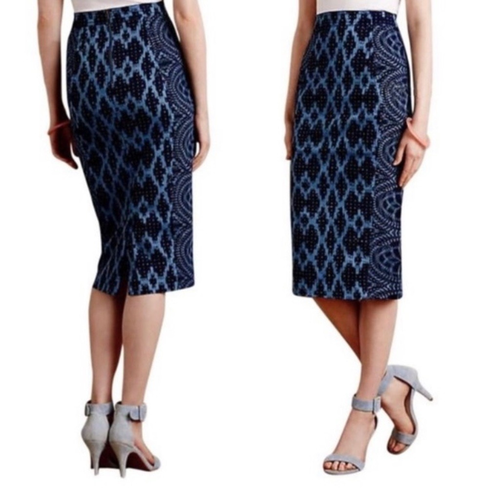 TRACY REECE.NWT.Sz 0P.Petite.Indigo/black denim skirt.Southwestern. Pencil.